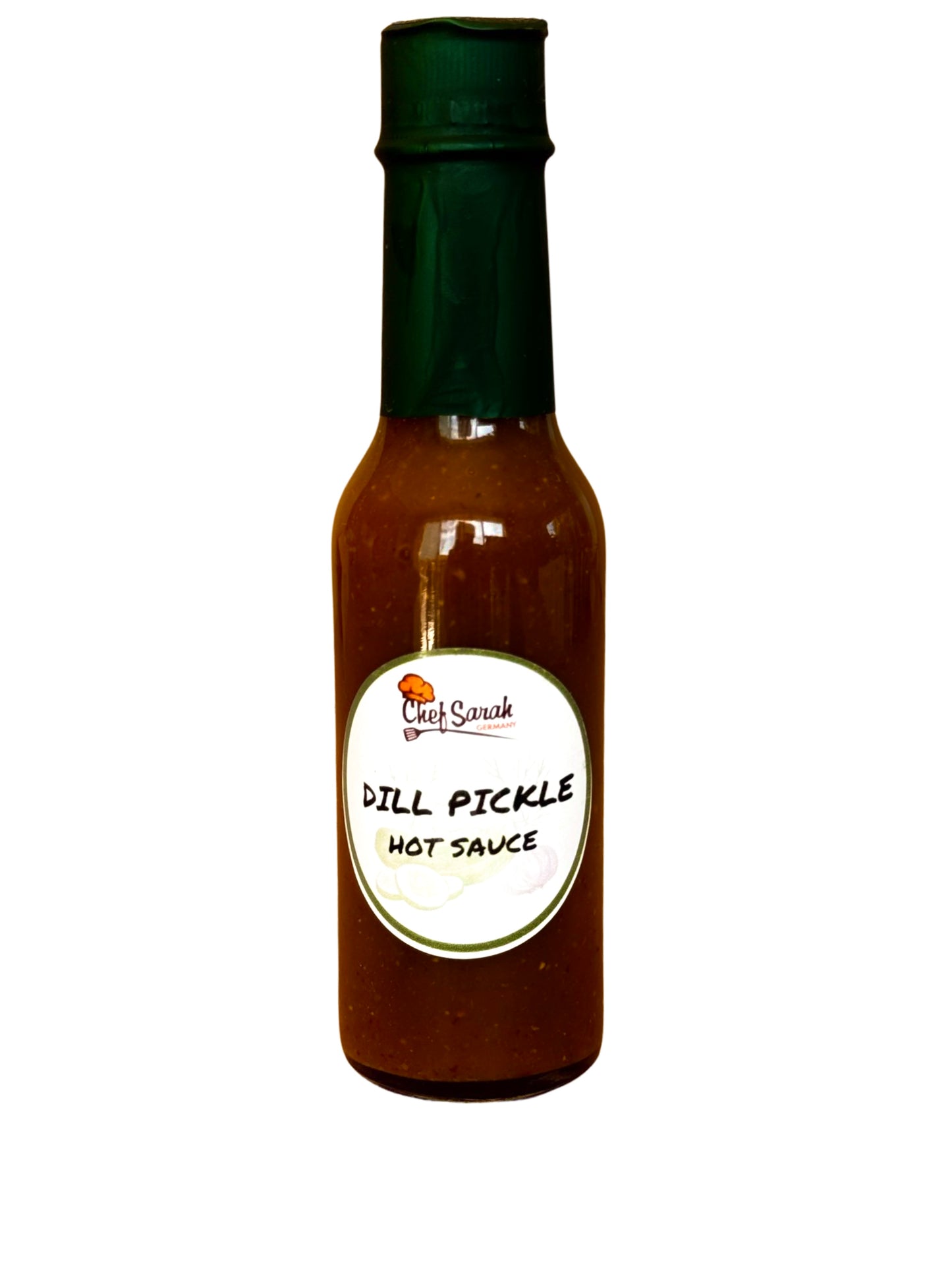 Bottle of dill pickle hot sauce with a label on a white background