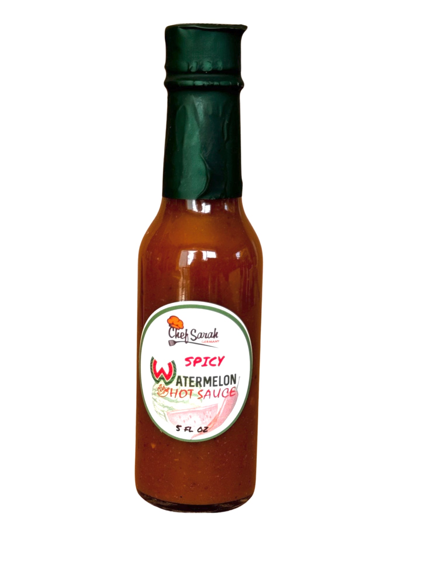 Bottle of Spicy Watermelon Hot Sauce with a green cap on a white background