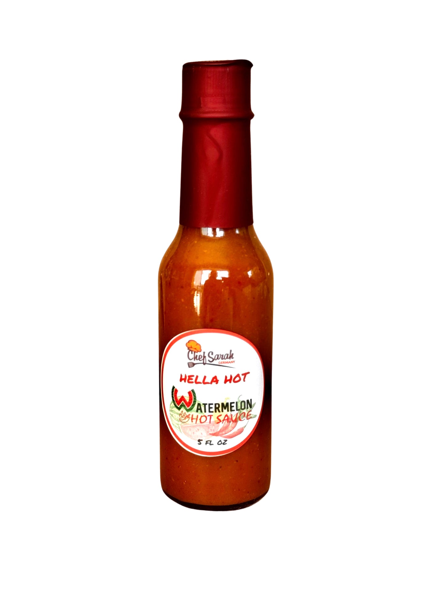 Bottle of 'Hella Hot Watermelon' hot sauce with a red cap on a white background